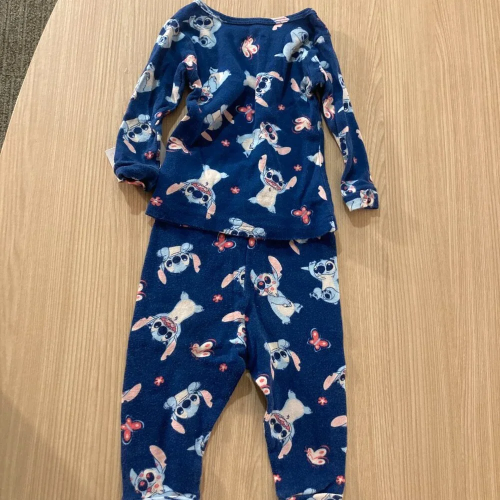 Disney Stitch Pajama Set 12 Months Long Sleeve and Pants Dark Blue Butterflies